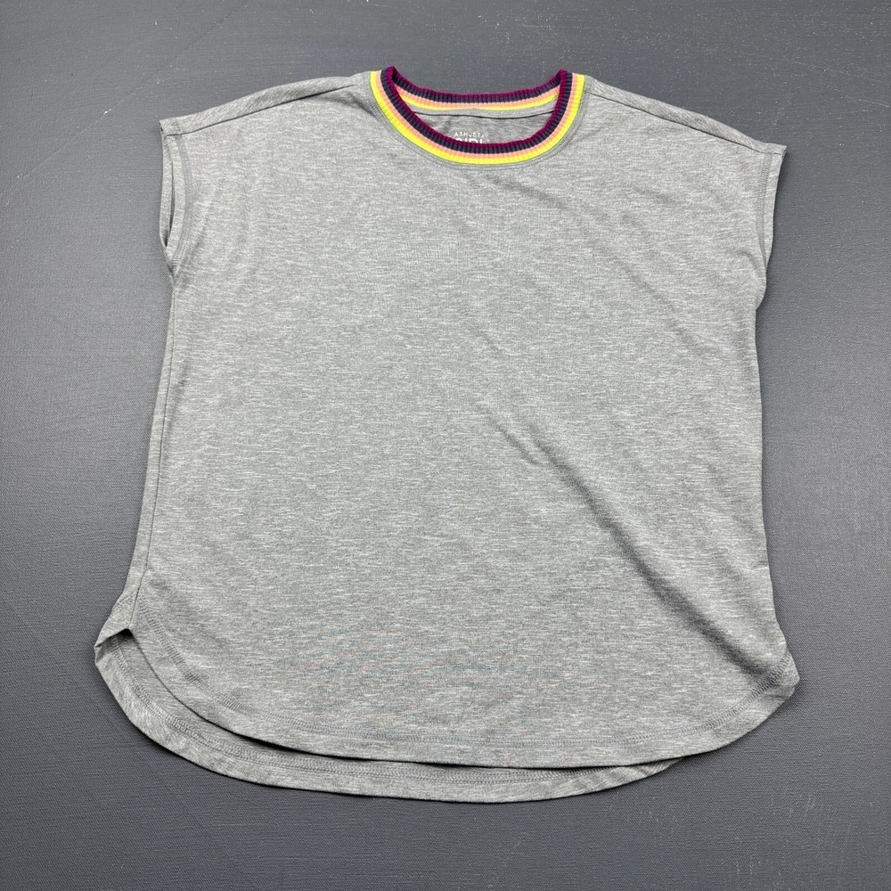 Athleta Girls 12 Gray Rainbow Stripe Sleeveless Collared Lightweight Casual Top